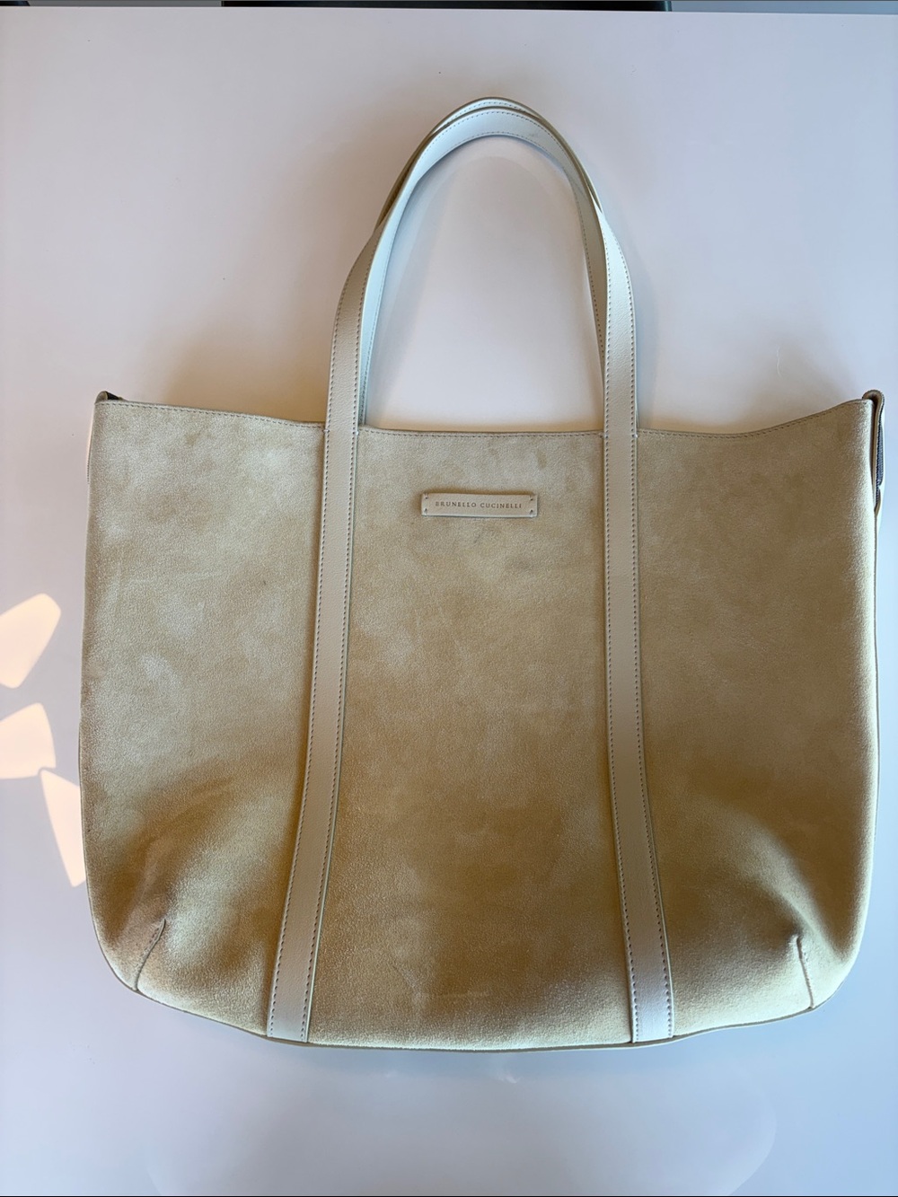 Brunello Cucinelli Cream Suede Tote with Leather Trim